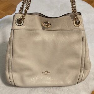 Coach Edie Turnlock Cream Pebbled Leather Shoulder Bag with Gold Chain Strap